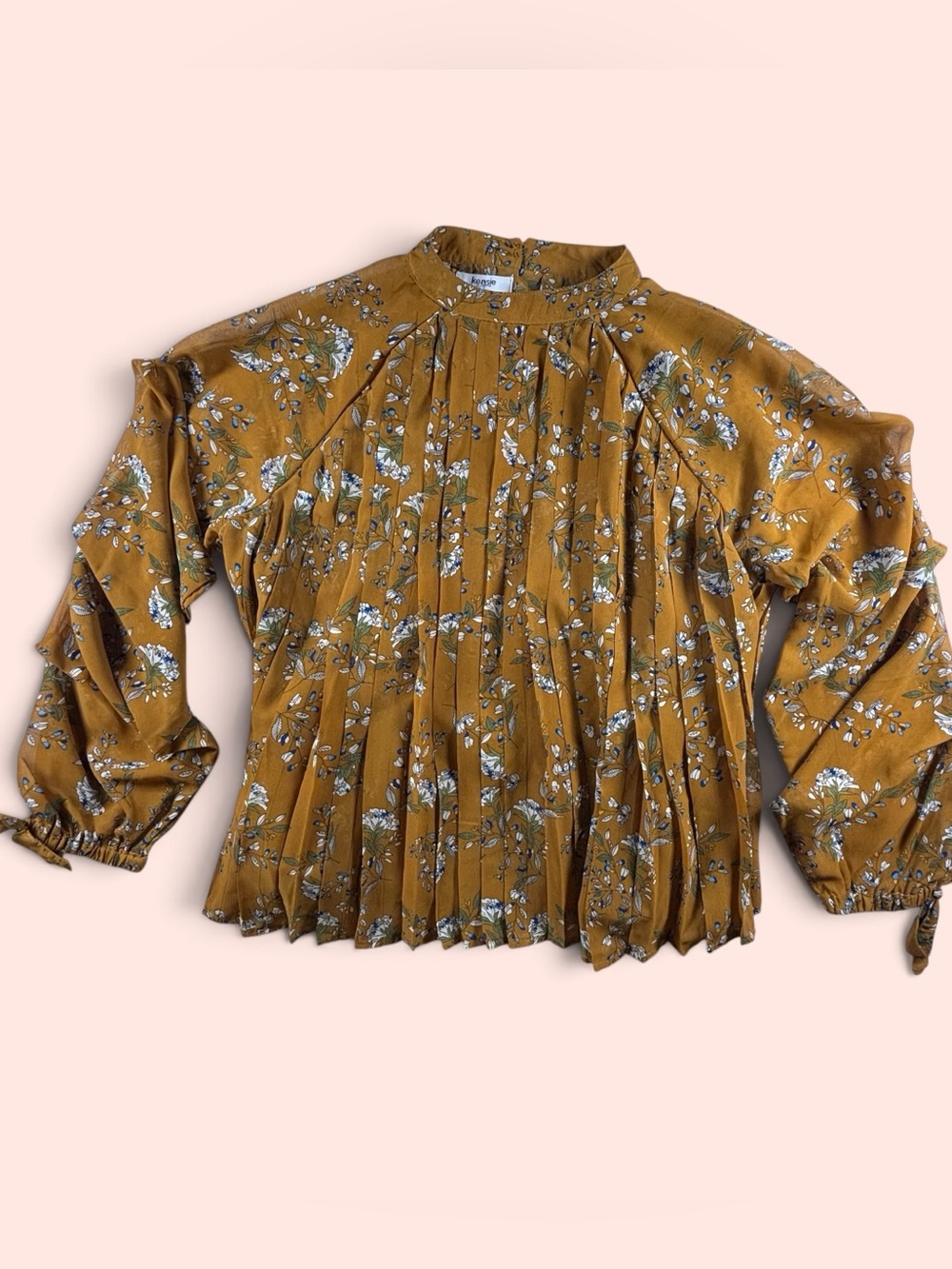 Kensie Jeans Mustard Floral Pleated High Neck Blouse Medium Tie Cuff